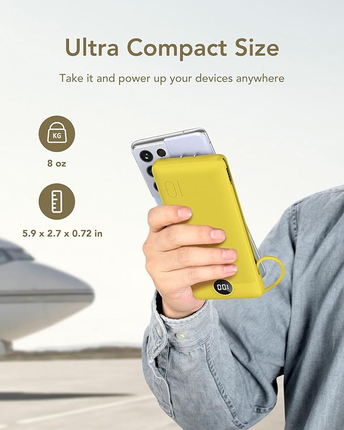 VEGER Portable Charger with Built-in AC Plug and Cables, All in One 10000mAh Ultra Slim Power Bank Travel Essentials, Fast Charging Battery Pack Compatible with iPhone, Samsung, Android (Yellow)