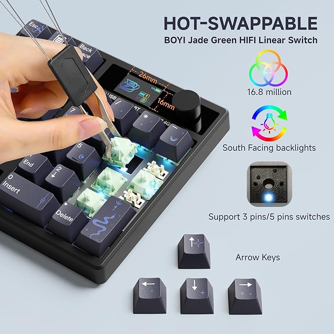 BOYI TD31Pro Mechanical Number Pad,Bluetooth5.0/2.4G/Type-C Wireless Numeric Keypad,RGB HotSwap Numpad with Screen&Knob,PBT Keycaps Gasket keypad Programmable for Win/Mac/Gaming(Black-Star Moon)
