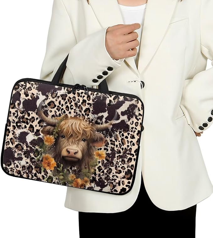 10 Inch Laptop Sleeve, Laptop Cover Computer Bag Tablet Carrying Case with Handle, Brown Cow Zipper Tote Bags Notebook Sleeves Handbag Messenger BriefcaseGifts for Women