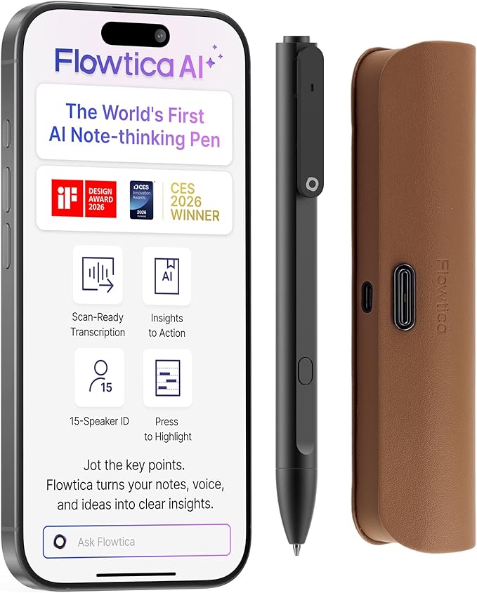 Flowtica Scribe AI Voice Recorder, App Control, Transcribe & Summarize, One-Press Highlight, HiFi Audio, Background Auto-Sync, Note Taker for Meetings & Lectures, Ultra-Slim, Charging Case Included
