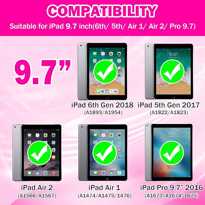 ZoneFoker 9.7" Case for iPad 6th/5th Generation 2018/2017, for iPad Air 2 / Air 1st / Pro 9.7, Heavy Duty Shockproof Protective 9.7 Inch Cover with Built-in Stand for i Pad 6 5 Gen (HotPink)