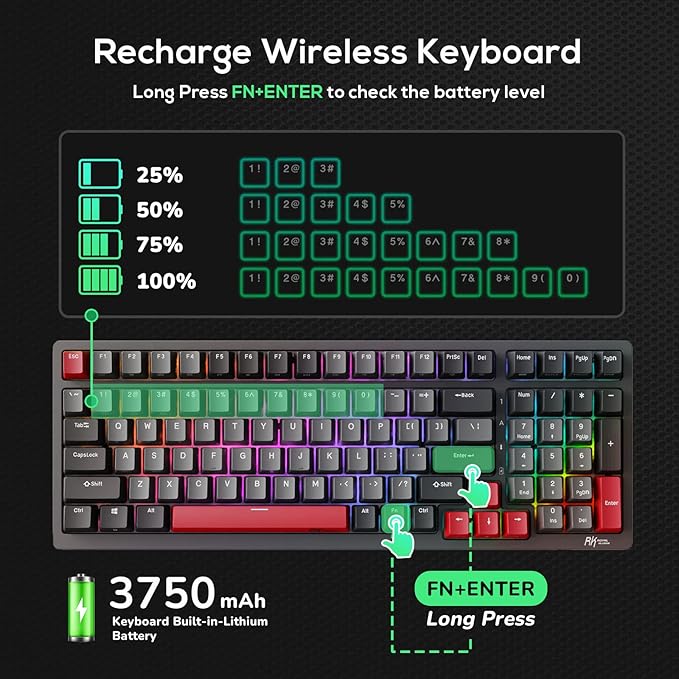 RK ROYAL KLUDGE RK98 Gaming Keyboard, Wireless Mechanical Keyboard 100 Keys Tri-Mode BT5.1/2.4G/USB-C Full Size Hot Swappable Custom Keyboard with Numpad RGB Backlit, Massive Battery, Silver Switch