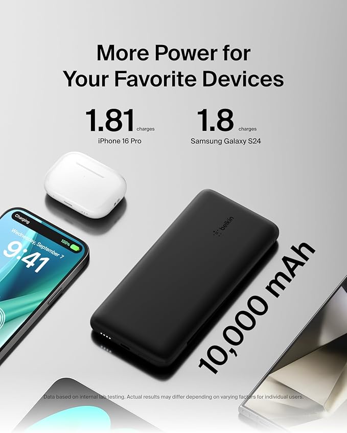 Belkin Portable Charger Power Bank for iPhone/Android (10,000mAh), 23W Battery Pack with Integrated USB-C, Lightning Cables, Pass-Through Capability, Charge 2 Devices at Once, Phone Charger Power Bank
