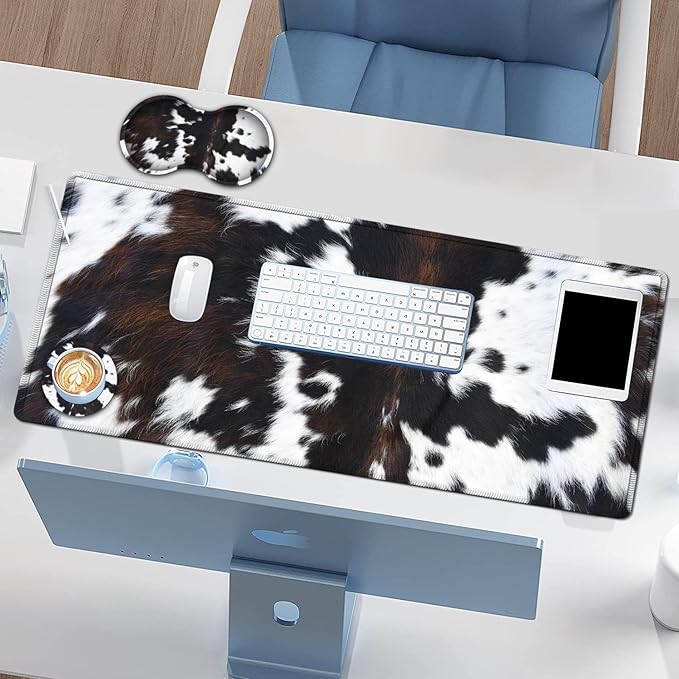 Large Gaming Mouse Pad, Extended Waterproof Desk Pad Protector (31.5" x 11.8") Ergonomics Memory Foam Mouse Wrist Rest Support, for Home Office Laptop Easy Typing, Black & White Cowhide Fur Mouse Mat