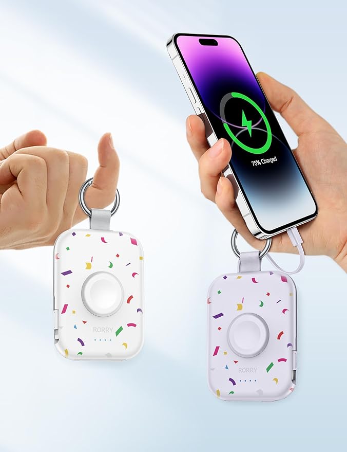 RORRY Portable Charger, 5000mAh Portable Charger Power Bank with Built-in Cables, Travel Keychain Battery Pack for Apple Watch Ultra/11/10/9/8/7/6/SE, iPhone Air/17/16/15/14/13/12, Confetti-Purple