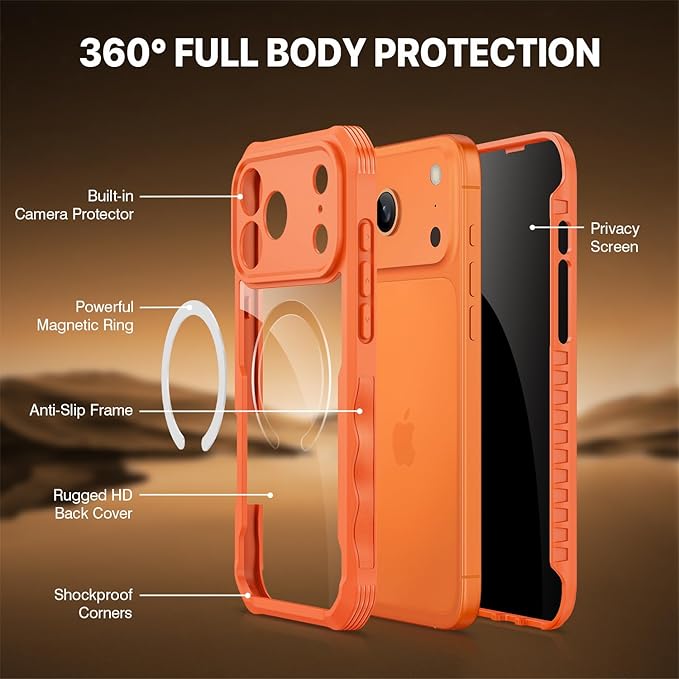 CENHUFO Magnetic Privacy for iPhone 17 Pro Case [Compatible with Magsafe] Full Body Phone Case Built-in 9H Tempered Glass Privacy Screen Protector, Camera Protection Shockproof Bumper Cover -Orange