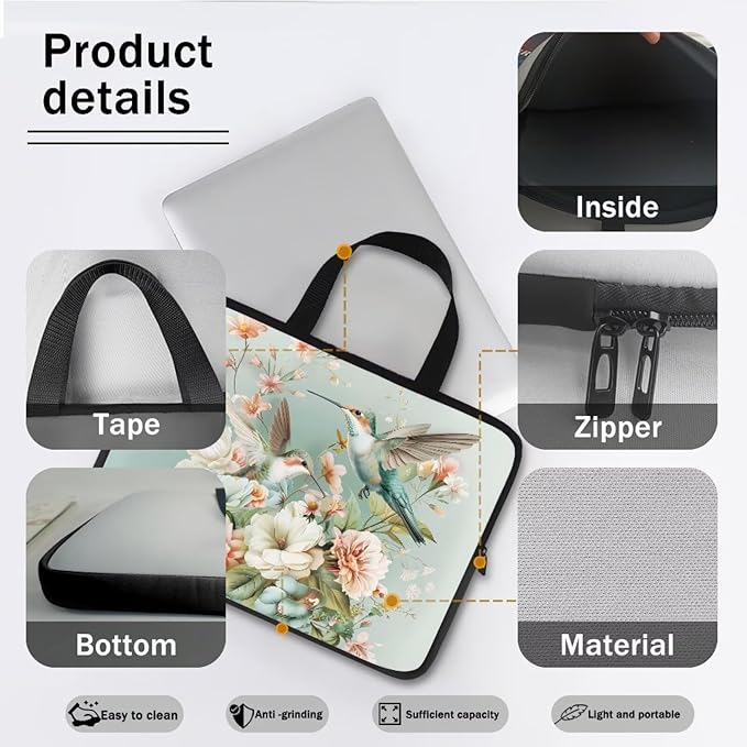 Hummingbird 13 Inch Laptop Sleeve for Women Protective Case Cover Compatible with 10-17 inch Chromebook, Notebook, Briefcase, Spring Floral Waterproof Computer Cases Bag with Handle