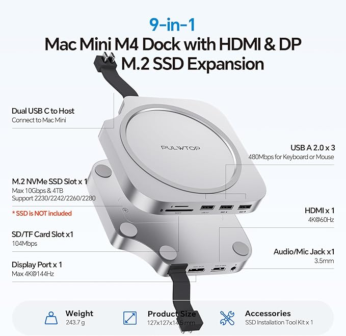 Mac Mini M4 Dock Stand with DP 4K 144Hz & HDMI 4K 60Hz, Mac Mini M4 Pro Hub with 4TB NVMe SSD Enclosure (SSD NOT Included), 3 USB A 2.0, SD/TF 3.0, 3.5mm Audio/Mic, USB C Hub for Mac Mini 2024