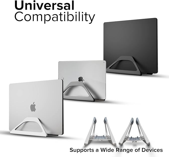Elestoria Aluminum Vertical Laptop Stand with Gravity Auto-Lock – Adjustable Laptop Holder Vertical fits MacBook Pro/Air, Chromebook & Gaming Laptops up to 17.3" – Space-Saving Desktop Dock - Silver