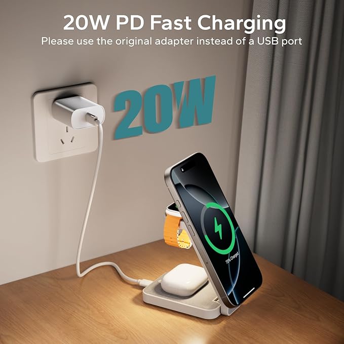 Eazpower 3 in 1 Foldable Wireless Travel Charging Station for MagSafe, Nightstand Magnetic Charger Stand for iPhone 17 16 15 14 Pro Max, Charging Dock with Night Light for Apple Watch/AirPods (White)
