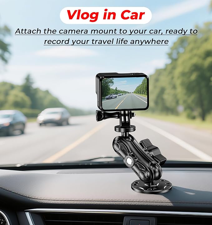 VAZESWIN Aluminum Alloy Camera Mount - with 1/4" Thread Tripod Adapter for Gopro Insta360 DJI Action Cameras, 360° Rotation Adjustable 1" Ball Mount with AMPS Hole Round Base, for Car Boat Dashboard