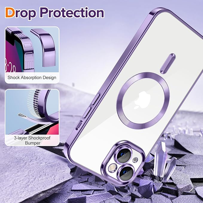 Hython Magnetic Clear for iPhone 13 Case with Camera Lens Protector [Compatible with MagSafe] Luxury Plating Edge Slim Soft TPU Cover Protective Phone Case for iPhone 13 6.1", Light Purple