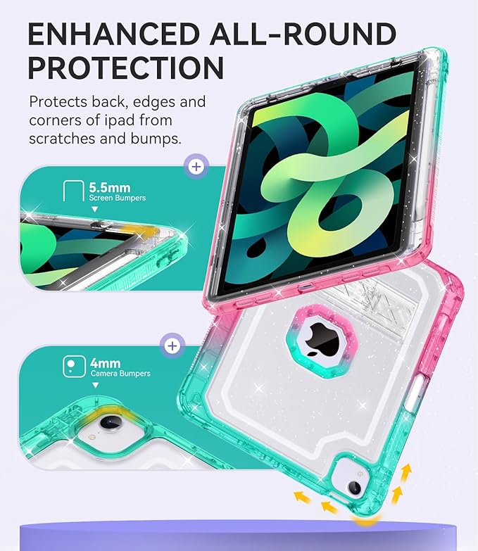 ZoneFoker Case for iPad Air 5th/ 4th Generation Case (2022/2020) 10.9'', for iPad Pro 11 Inch (4th/3rd/2nd/1st Gen), Hard Slim Cover for iPad Air 5 4 th with Pencil Holder/Stand, Pink to Teal Glitter