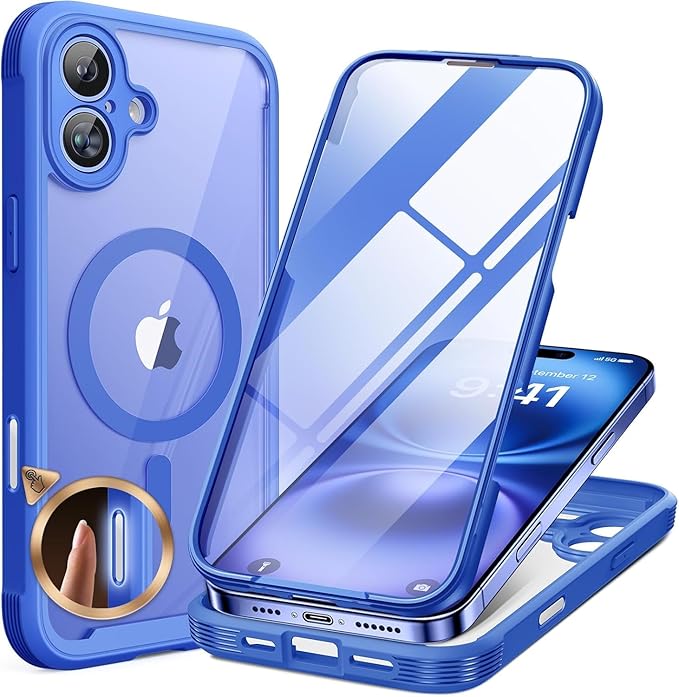 Miracase Magnetic for iPhone 16 Plus Case Full-Body Phone with Built-in Glass Screen Protector, [Compatible with MagSafe] Military Drop Proof 16 Plus Cover Bumper 6.7 inch, Blue