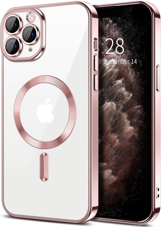Hython Magnetic Clear for iPhone 11 Pro Case with Camera Lens Protector [Compatible with MagSafe] Luxury Plating Edge Slim Soft TPU Cover Protective Phone Case for iPhone 11 Pro 5.8", Pink