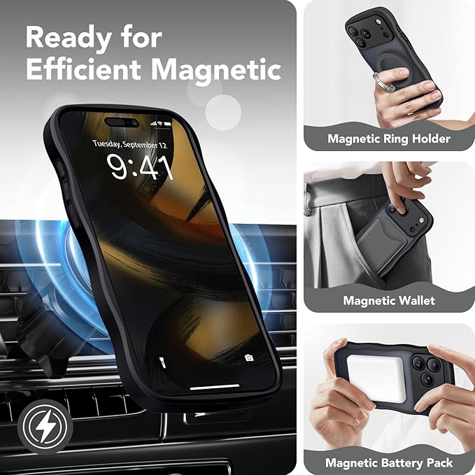 CAPRARO Magnetic for iPhone 17 Pro Case for Women Girls, Upgraded [Full Camera Protection] [Compatible with MagSafe] Cute Wave Translucent Matte Phone Case for iPhone 17 Pro, Black