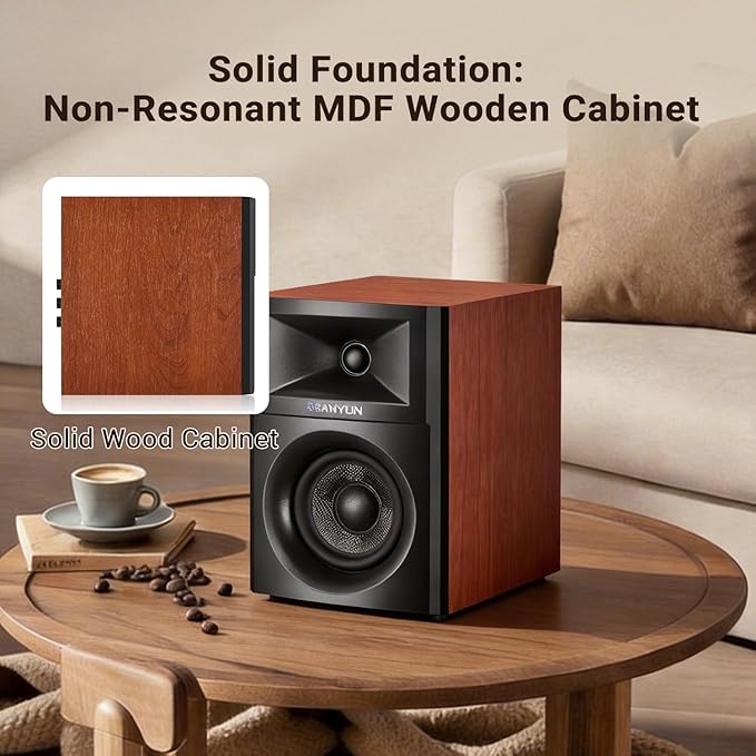 Sanyun SW205 4" 80W HiFi Bookshelf Speakers, 2.0 Active Near Field Studio Monitor, Upgraded 3D Sound Field, Flagship DAC & DSP, Geometric Diffusion Cabinet, Bluetooth 5.4/Optical/AUX, Woodgrain