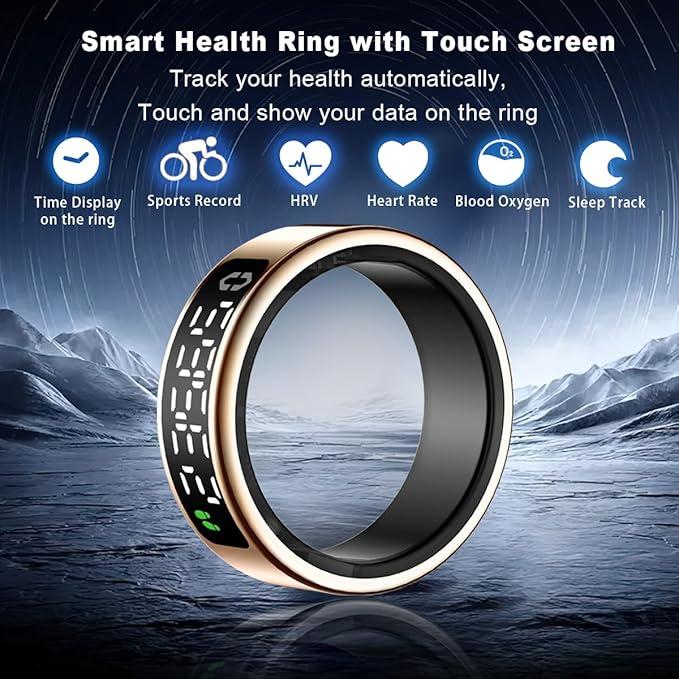 Smart Health Ring with Screen,for Women Men Fitness Tracker with Heart Rate, Blood Oxygen, HRV, Sleep Monitoring, Step Counting, IP68 for iPhone and Android, No Subscription Fee (Gold, 12#)