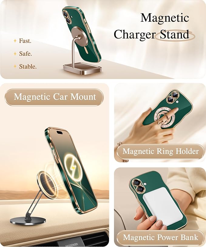 GVIEWIN for iPhone 17 Case Compatible with MagSafe, Upgraded [Full Camera Protection][Cute Wave Frame][Military Grade Protection] Electroplated Hard Phone Cover for Women Girl, Green
