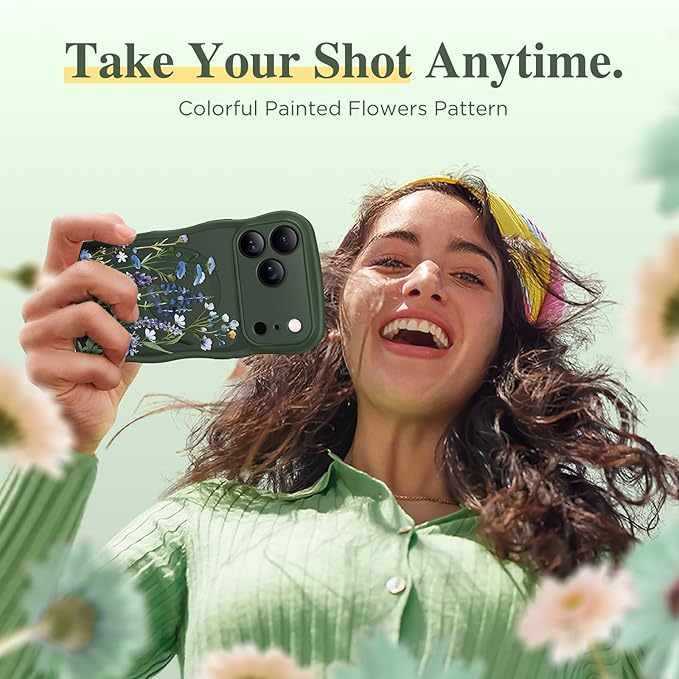 GVIEWIN for iPhone 17 Pro Case Compatible with MagSafe [Curly Wave Edge][Full Camera Protection]Floral Translucent Shockproof Magnetic Women Phone Case for iPhone 17 Pro 6.3'', Sweet Posy/Forest Green