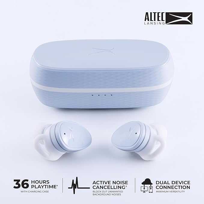 Altec Lansing Nanobuds ANC 2.0, Bluetooth Earbuds with Hybrid ANC, Waterproof Earbuds, Wireless Ear Buds with Voice Assistant, Sport Earbuds with 36hr Battery (ICY White)