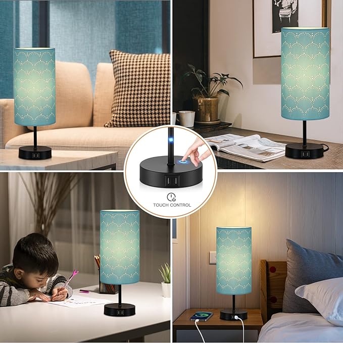 CINSARY Touch Control Bedside Lamp with 2 USB Ports, 3-Way Dimmable Table lamp for Bedroom, Nightstand Lamp with Round Blue Fabric Shade for Living Room Home Office (E26 LED Bulb Included)