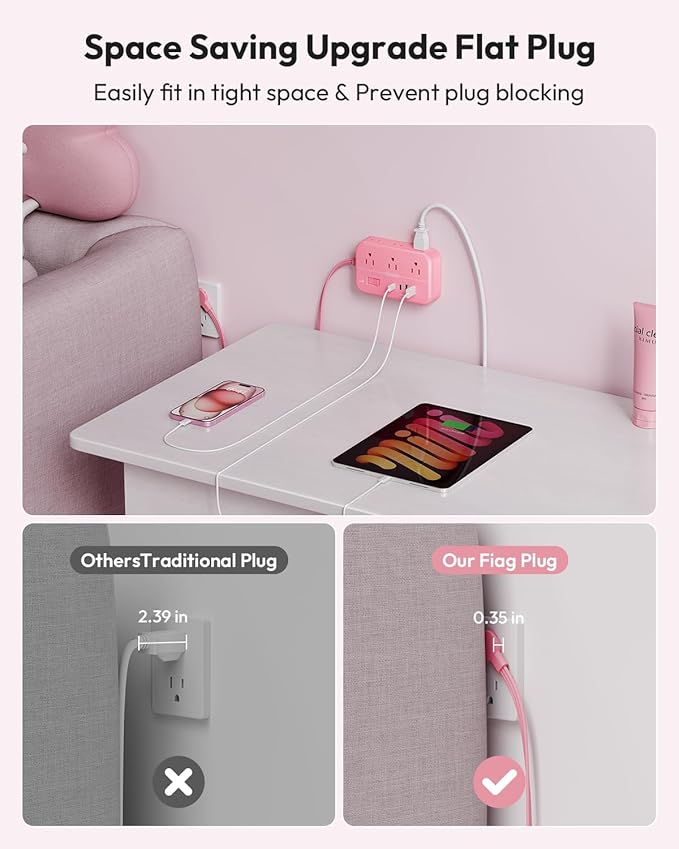 Pink Extension Cord Surge Protector Power Strip with 6 Outlets 4 USB Ports(20W), Flat Extension Cord with Multiple Outlets, 5 ft Flat Plug Outlet Extender for Indoor, Home, Office