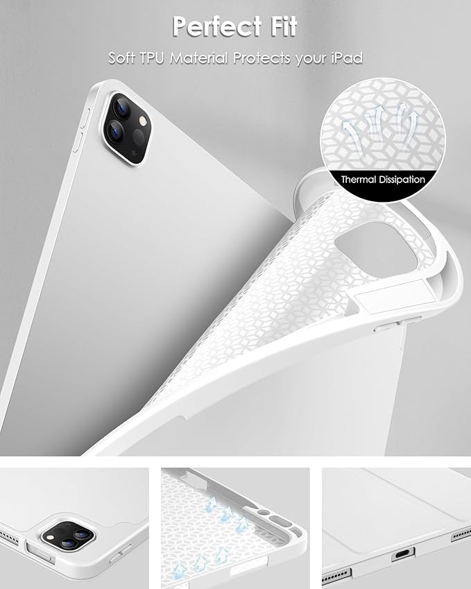 DTTO for iPad Air 13 Inch Case M4/M3/M2 2026/2025/2024, iPad Pro 12.9 Inch Case (6th/5th/4th/3rd Gen), Smart Slim Trifold Stand Soft Cover with Pencil Holder, White