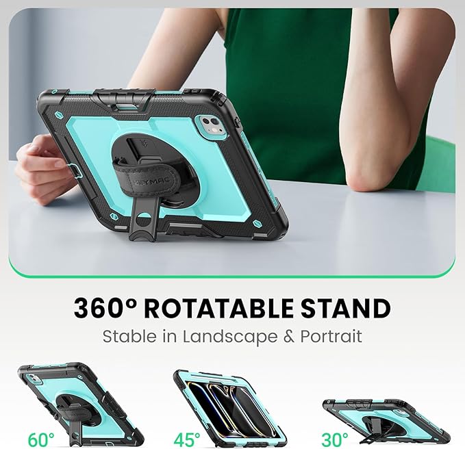 SEYMAC for iPad Pro 11 Inch Case M5 2025 / M4 2024, Heavy Duty Shockproof Protective Case with Screen Protector, 360° Rotating Stand, Hand/Shoulder Strap and Pen Holder, Light Blue
