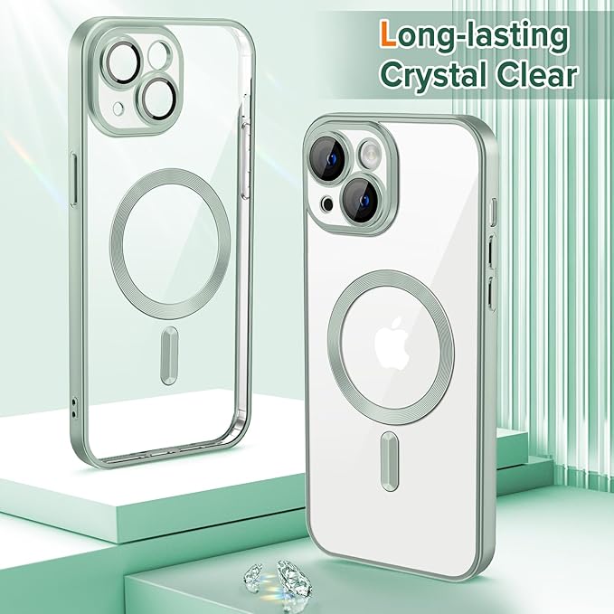 Hython Magnetic Clear for iPhone 14 Plus Case with Camera Lens Protector [Compatible with MagSafe] Luxury Plating Edge Slim Soft TPU Cover Protective Phone Case for iPhone 14 Plus 6.7", Matte Mint