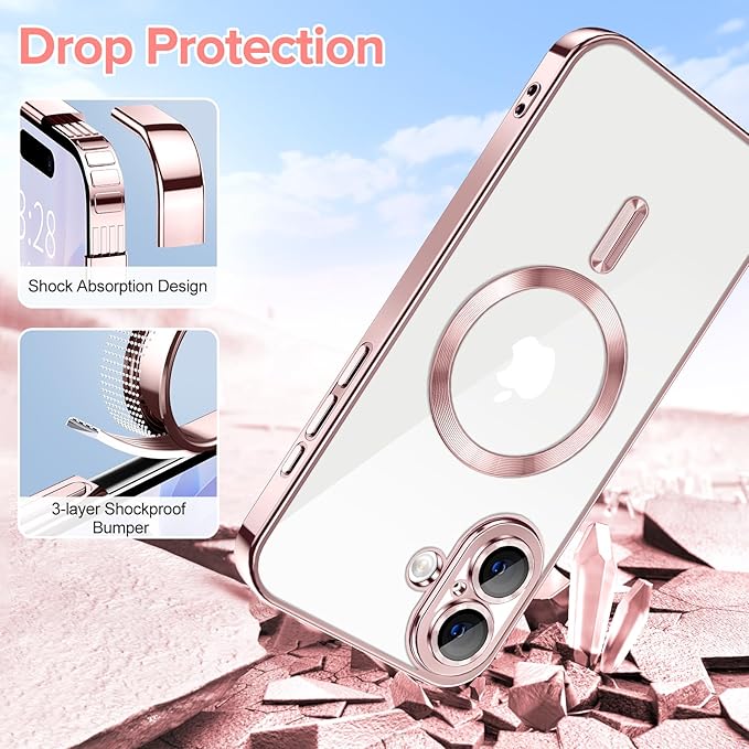 Hython Magnetic Clear for iPhone 17 Case with Camera Lens Protector [Compatible with MagSafe] Luxury Plating Edge Slim Soft TPU Cover Protective Phone Case for iPhone 17 6.3", Pink