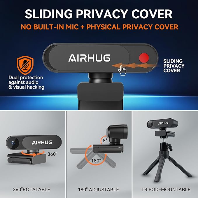 AIRHUG 4K UHD USB Webcam No Mic with Privacy Cover for Secure Meetings - 16MP Sony Sensor, PDAF Fast Focus, 63° Gold FOV, Auto Light Correction, Streaming Camera Without Audio for PC/Laptop/Desktop
