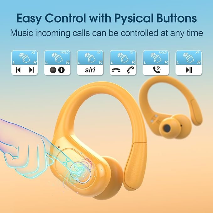 Wireless Earbuds 75hrs Bluetooth 5.4 Headphone Sport, 2026 Bluetooth Earbuds Stereo Deep Bass Over Ear Bud with Earhooks, ENC Noise Cancelling Mic, IPX7 Waterproof Earphone for Gym/Workout, Yellow