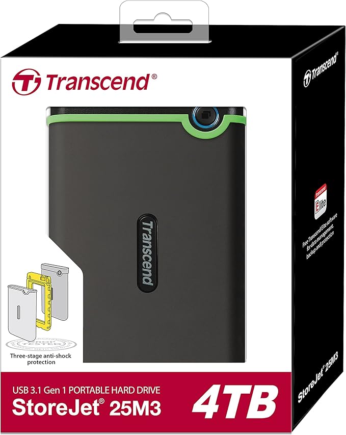 Transcend StoreJet 4TB Rugged External Hard Drive, USB3.1(5Gbps) Portable HDD with One Touch Auto-Backup Button/Anti-Shock Resistant, Compact&Lightweight, Lightning-Fast Speeds, Iron Grey -TS4TSJ25M3S