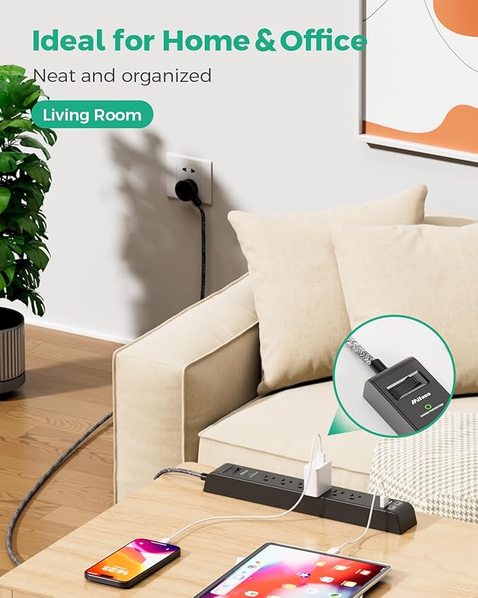 2 Pack 15FT Surge Protector Power Strip, Long Extension Cord with 6 Outlets 4 USB Ports, Flat Plug, 900 Joules, Wall Mount for Home Office Dorm