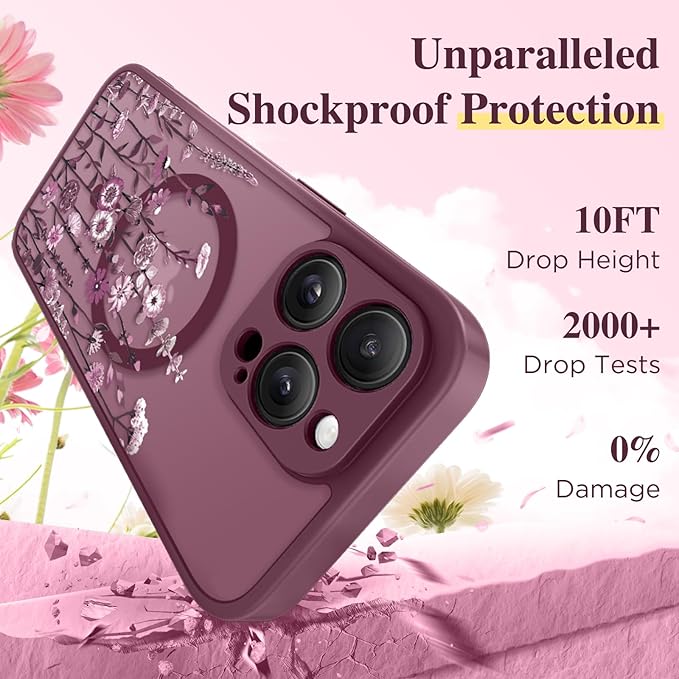 GVIEWIN for iPhone 16 Pro Max Case Compatible with MagSafe, [Military Grade Protection] [Screen Protector] Full Camera Protection Floral Translucent Women Magnetic Phone Case, Floratopia/Burgundy
