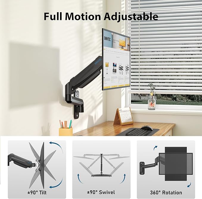 BONTEC Monitor Wall Mount Arm, VESA Gas Spring Height Adjustable, for 13-42 Inch Screens, Max 19.8lbs, Swivel, Tilt, Space-Saving Desk Mount, Easy Installation, Single Arm TV Mount, Max VESA 200x200