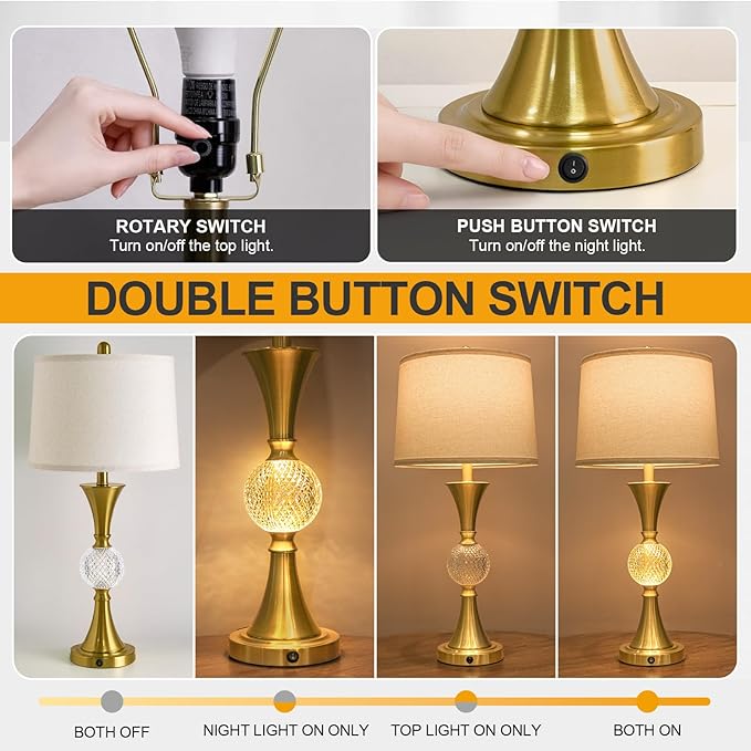 Oneach 28.5" Gold Table Lamps Set of 2, Tall Luxury Bedside Lamps with Night Light, USB A+C Charging Ports, Elegant Metal Nightstand Lamps for Bedroom Office End Table Decoration
