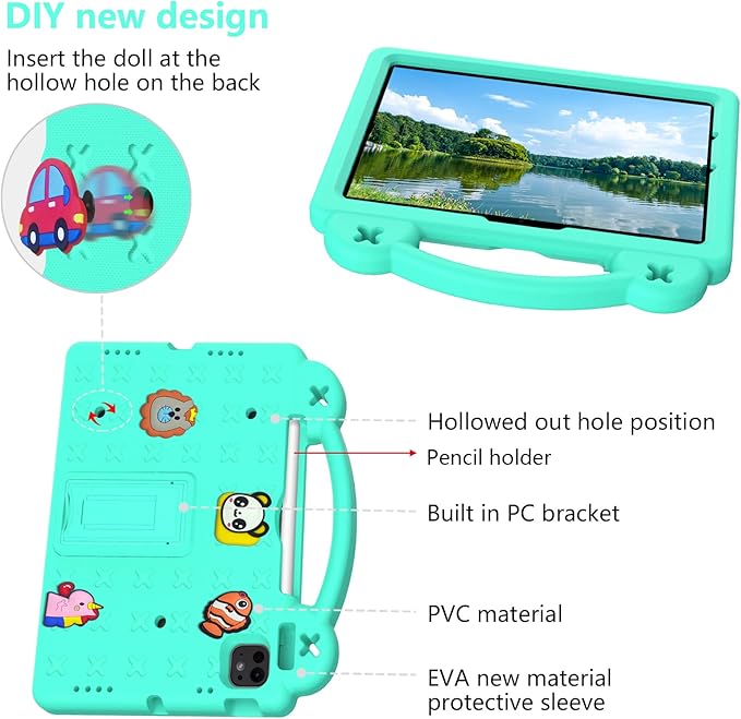 for iPad Air 11 inch Kids Case M3/M2 (2025/2024) & iPad Pro 11 Inch M4 Case 2024 with Pencil Holder/Handle/Kickstand/Cute DIY Soft Shockproof Stand Lightweight Tablet Cover, Mint Green Bear