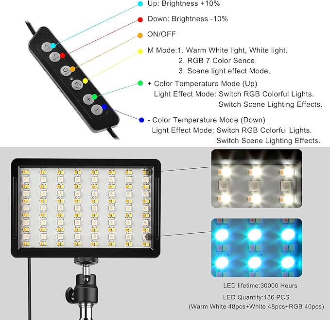 2 Packs RGB LED Video Light with Adjustable Tripod Stand/White Filters, Dimmable 2500-6500K USB Video Conference Lighting Kit for YouTube Photography/Game Zoom Live, Streaming,TikTok, 1.6M
