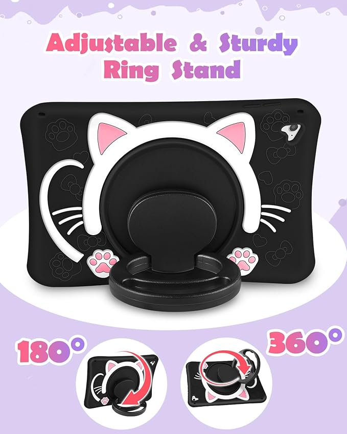 Wazzasoft for iPad 6th Generation/Air 2/ Pro 9.7 Inch Case Girls Cute Black Cat Cover Girly Kawaii with Rotating Handle Stand & Strap Silicone Funda for iPad Cases 6th Gen/Air2/Pro 9.7”