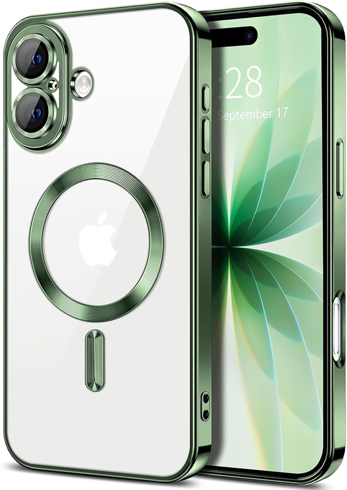 Hython Magnetic Clear for iPhone 17 Case with Camera Lens Protector [Compatible with MagSafe] Luxury Plating Edge Slim Soft TPU Cover Protective Phone Case for iPhone 17 6.3", Deep Green