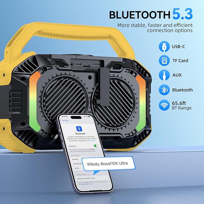 Wilody Speakers Bluetooth Wireless, 100W Loud Outdoor Speaker with Bass, IPX7 Waterproof Floatable, 20H Playtime, Wireless Charge, TWS, RGB Light, Portable Speaker for Work, Garage, Outdoor (Yellow)