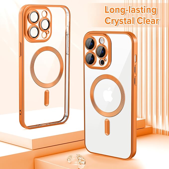 Hython Magnetic Clear for iPhone 13 Pro Case with Camera Lens Protector [Compatible with MagSafe] Luxury Plating Edge Slim Soft TPU Cover Protective Phone Case for iPhone 13 Pro 6.1", Matte Orange