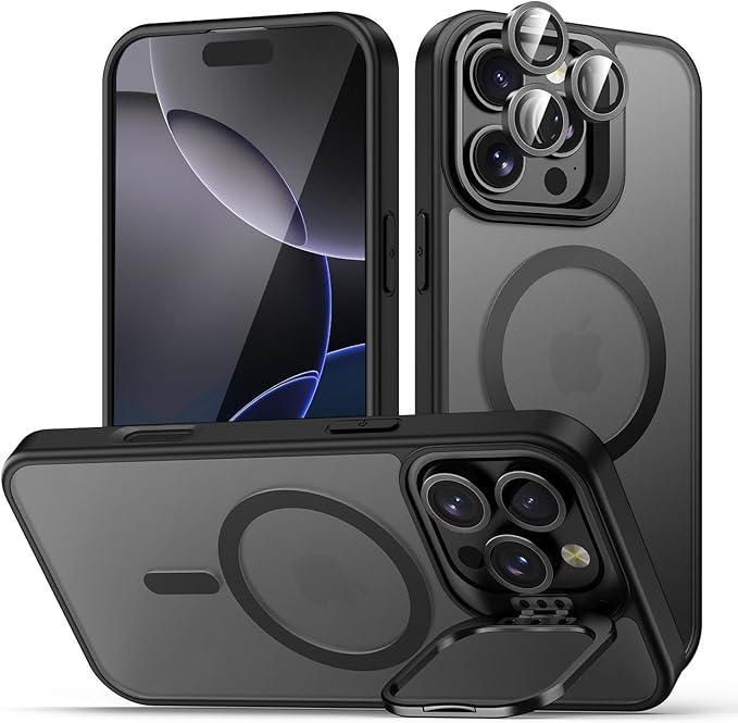 TOBOVON for iPhone 16 Pro Max Case, Compatible with MagSafe, Built-in Camera Ring Stand, with Individual Camera Cover, Translucent Matte Military-Grade Drop Protection Magnetic Case, Black