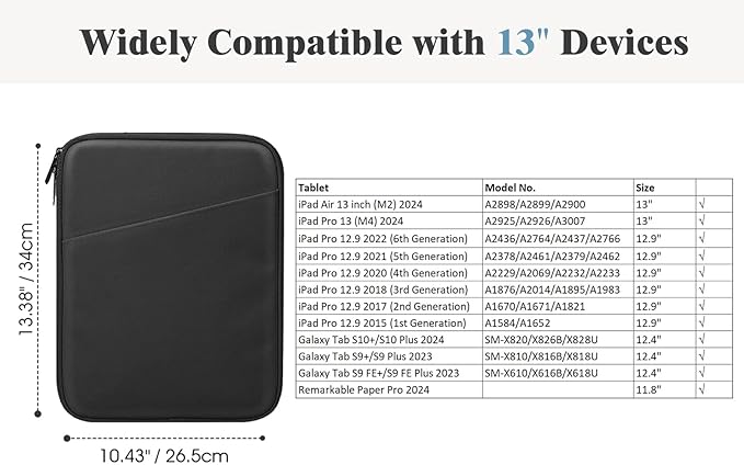 TiMOVO 13 Inch Tablet Sleeve with Pocket for iPad Air 13" M3 2025, iPad Pro 13"/12.9", Galaxy Tab S9/S10 Plus/S9 FE+ 12.4", Remarkable Paper Pro 11.8", Black