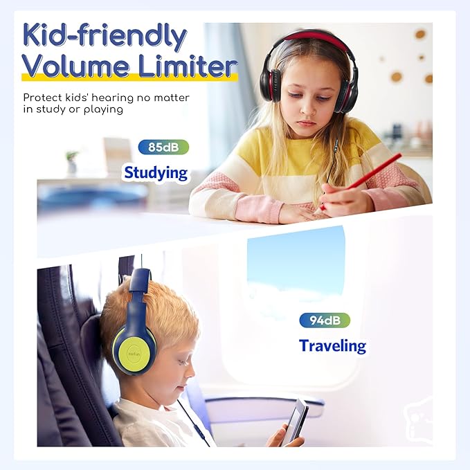 EarFun Kids Headphones Wired with Microphone, 85/94dB Volume Limit Headphones for Kids, Portable Wired Headphone with Shareport, Stereo Sound Foldable Headset for School/Tablet/iPad, Blue Lemon