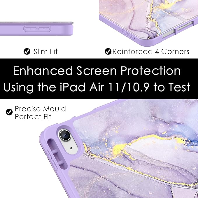 Soke Case for New iPad Air 11 Inch (M4/M3/M2, 2026-2024), iPad Air 5th/4th Generation 10.9 Inch (2020-2022) with Pencil Holder, Soft TPU Back Cover & Auto Sleep/Wake, Lilac Marble
