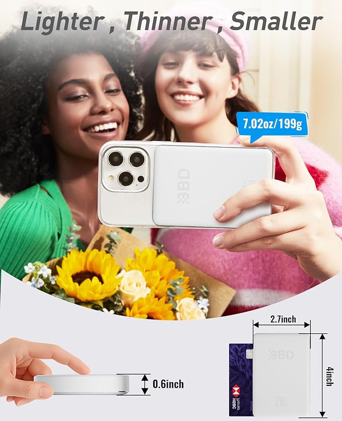BBD Magsafe Portable Charger,10000mAh Magnetic Power Bank Fast Charging PD 20w with USB C Cable,Slim Magsafe Battery Pack,Wireless Power Bank for iPhone 17/16/15/14/13/12 Series 1 Pack-White