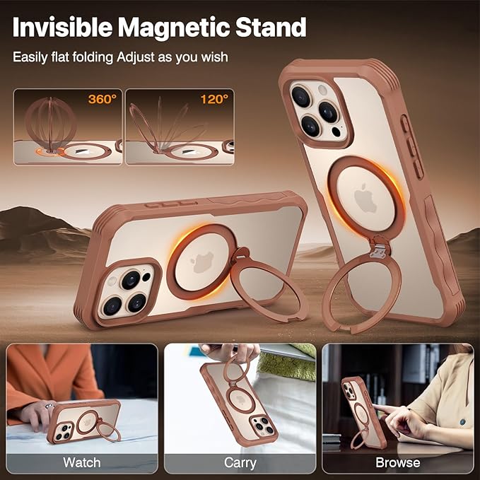 CENHUFO for iPhone 16 Pro Max Case, Compatible with Magsafe Full Body Phone Case Built-in 9H Tempered Glass Privacy Screen Protector and 360° Spin Magnetic Stand Ring Camera Lens Cover -Desert Brown